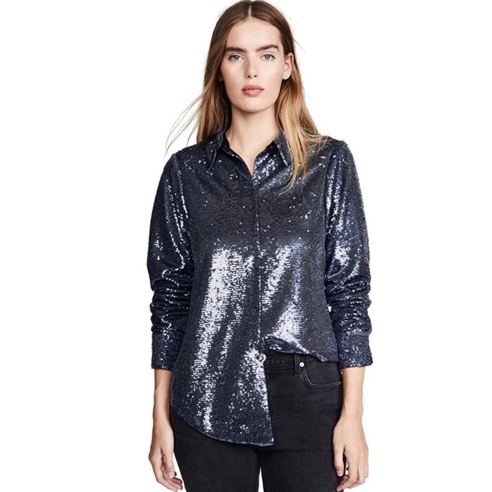 CINQ A SEPT BLUE SEQUIN BUTTON-DOWN TOP